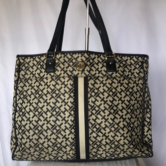 TOMMY HILFIGER black and taupe colored monogram large laptop tote bag. - Picture 1 of 13